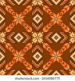Geometric pixel art pattern. Abstract pixel art geometric ethnic pattern design for fabric, carpet, tile, rug, clothing, embroidery, needlepoint and background. Vector pixel art seamless motif ethnic 
