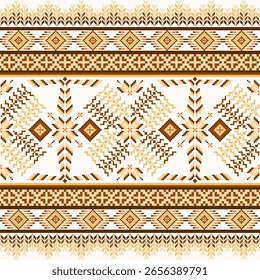 Geometric pixel art pattern. Abstract pixel art geometric ethnic pattern design for fabric, carpet, tile, rug, clothing, embroidery, needlepoint and background. Vector pixel art seamless motif ethnic 