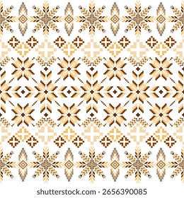 Geometric pixel art pattern. Abstract pixel art geometric ethnic pattern design for fabric, carpet, tile, rug, clothing, embroidery, needlepoint and background. Vector pixel art seamless motif ethnic 