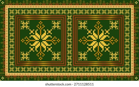  Geometric pixel art pattern. Abstract pixel art geometric ethnic pattern design for fabric, carpet, tile, rug, clothing, embroidery, needlepoint and background. Vector pixel art seamless motif ethnic