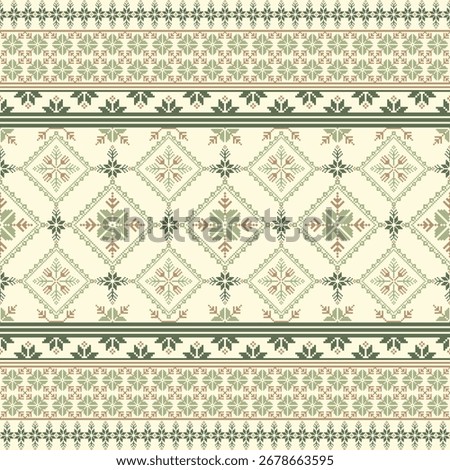 Geometric pixel art pattern. Abstract pixel art geometric ethnic pattern design for fabric, carpet, tile, rug, clothing, embroidery, needlepoint and background. Vector pixel art seamless motif ethnic 