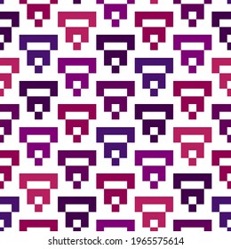 Geometric pixel art seamless pattern. Retro arcade game motif geo print. Repeated arcs, brackets mosaic background. Simple ornamental wallpaper. Vector artistic abstract ornament