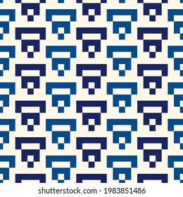 Geometric pixel art seamless pattern. Retro arcade game motif geo print. Repeated arcs, brackets mosaic background. Simple ornamental wallpaper. Vector artistic abstract ornament