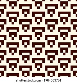 Geometric pixel art seamless pattern. Retro arcade game motif geo print. Repeated arcs, brackets mosaic background. Simple ornamental wallpaper. Vector artistic abstract ornament