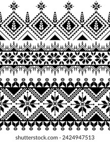 Geometric pixel embroidery border, ethnic pixel pattern, ornament, Thai traditional style,  illustration design for wrap, textile, silk, fabric