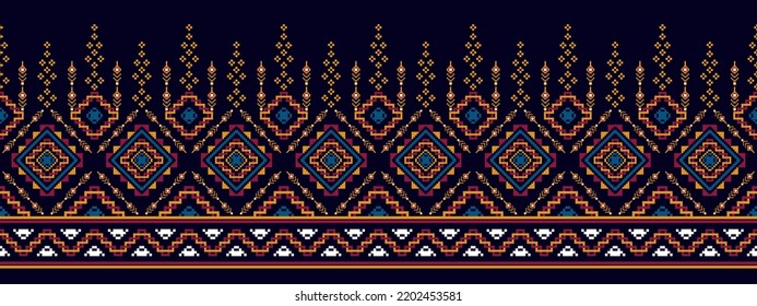 Geometric pixel ethnic seamless pattern home decoration design. Aztec fabric carpet boho mandalas textile decor wallpaper. Tribal native motif decorative folk traditional embroidery vector background 