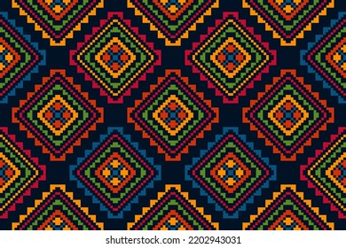 Geometric pixel ethnic seamless pattern home decoration design. Aztec fabric carpet boho mandalas textile decor wallpaper. Tribal native motif decorative folk traditional embroidery vector background 