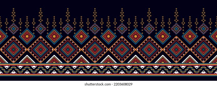 Geometric pixel ethnic seamless pattern home decoration design. Aztec fabric carpet boho mandalas textile decor wallpaper. Tribal native motif decorative folk traditional embroidery vector background 