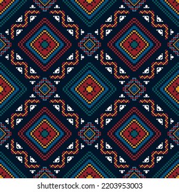 Diseño de decoración de hogar de píxel geométrico étnico sin fisuras. Moqueta de tela azteca con mandalas en la decoración textil papel tapiz. Motif indígena tribal decorativo folclórico tradicional bordado fondo vectorial 
