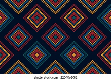Geometric pixel ethnic seamless pattern home decoration design. Aztec fabric carpet boho mandalas textile decor wallpaper. Tribal native motif decorative folk traditional embroidery vector background 