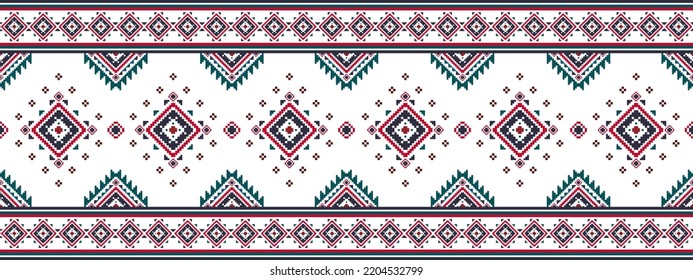 Geometric pixel ethnic seamless pattern home decoration design. Aztec fabric carpet boho mandalas textile decor wallpaper. Tribal native motif decorative folk traditional embroidery vector background 