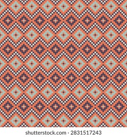 Geometric pixel ethnic seamless pattern in shades of brick orange, mint blue, purple, and cream for textile design, clothing, carpet, wallpaper, fabric,graphic backgrounds ,wrapping paper, vector illustration. I drew this by myself, it's not AI generated.