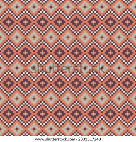Geometric pixel ethnic seamless pattern in shades of brick orange, mint blue, purple, and cream for textile design, clothing, carpet, wallpaper, fabric,graphic backgrounds ,wrapping paper, vector illustration. I drew this by myself, it's not AI generated.