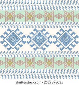 Pixel Geométrico Folk-Inspirado Padrão - azul, rosa e azeitona com motivos étnicos e bordas ornamentadas para tecido, impressões digitais e decoração de casa