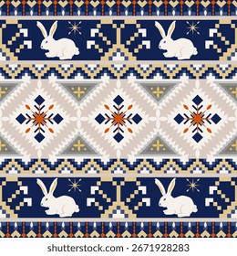 geometric pixel pattern fabric rabbit For textiles or wallpaper and background Christmas theme
