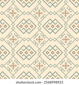 geometric pixel pattern featuring diamond shapes and symmetrical motifs in earthy tones of brown and green on a beige background, resembling embroidered fabric. Vector pixel seamless pattern.