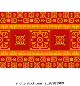 Padrão de pixel geométrico. Padrão de vetor contínuo. Cobertor mexicano, tapete, azulejos. Design de ilustração em fundo vermelho e amarelo.