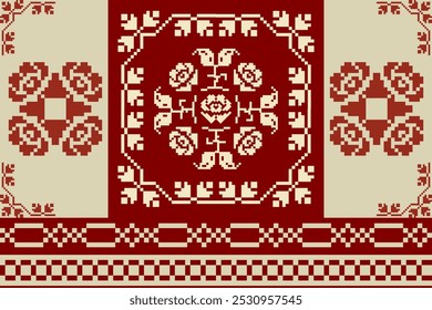 padrão de pixel geométrico Padrão de vetor sem costura cobertor mexicano, tapete, azulejo, design de ilustração em fundo vermelho e creme.