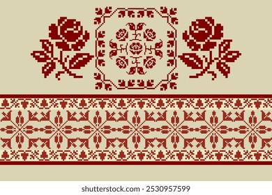 geometric pixel pattern Seamless vector pattern Mexican blanket, rug, tile, illustration design on red and cream background.