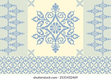 geometric pixel pattern Seamless vector pattern Mexican blanket, rug, tiles, illustration design on a blue and cream background.