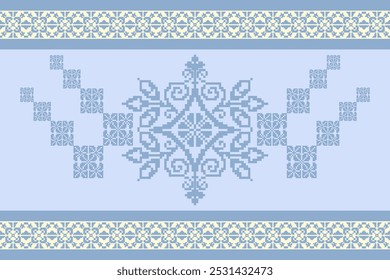 geometric pixel pattern Seamless vector pattern Mexican blanket, rug, tiles, illustration design on a blue and cream background.