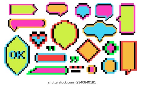  Geometric pixel retro texting dialogue boxes. Colored 90s game quote frame vector speech bubbles .