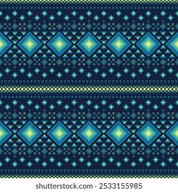 Geometric pixel seamless pattern art vector illustration. Design for carpet, background, decorative, textile, wallpaper, fabric, wrapping paper, sarong, embroidery.