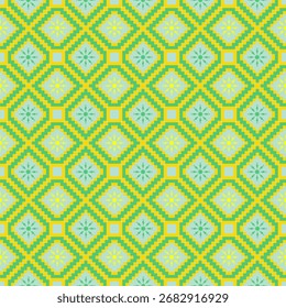 Geometric pixel seamless pattern in fresh green and yellow, perfect for fabric prints, wrapping paper, and digital design projects.