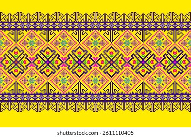 Geometric pixelated Arabic patterns on the fabric reflect the ornate and ethnicity,grid floral,grid colourful, backgrounds, seamless grid design for carpet,textile,textured,wallpaper,print,decorate
