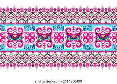 Geometric pixelated Arabic patterns on the fabric reflect the ornate and ethnicity,grid floral,grid colourful, backgrounds, seamless grid design for carpet,textile,textured,wallpaper,print,decorate