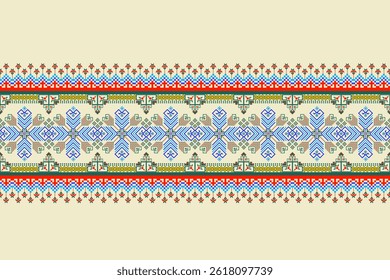 Padrões árabes pixelados geométricos no tecido refletem o ornamentado e etnia, grade floral, grade colorido, fundos, design de grade sem costura para tapete, têxtil, texturizado, papel de parede, imprimir, decorar