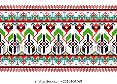 Padrões árabes pixelados geométricos no tecido refletem o ornamentado e etnia, grade floral, grade colorido, fundos, design de grade sem costura para tapete, têxtil, texturizado, papel de parede, imprimir, decorar