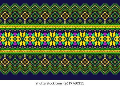 Padrões árabes pixelados geométricos no tecido refletem o ornamentado e etnia, grade floral, grade colorido, fundos, design de grade sem costura para tapete, têxtil, texturizado, papel de parede, imprimir, decorar