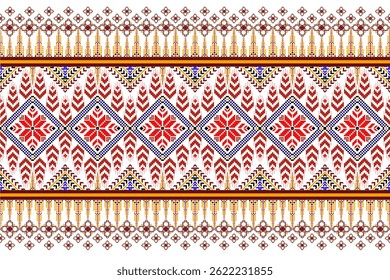 Padrões árabes pixelados geométricos no tecido refletem o ornamentado e etnia, grade floral, grade colorido, fundos, design de grade sem costura para tapete, têxtil, texturizado, papel de parede, imprimir, decorar