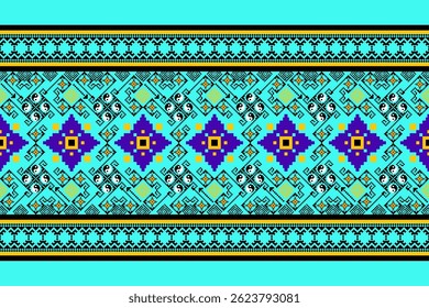 Padrões árabes pixelados geométricos no tecido refletem o ornamentado e etnia, grade floral, grade colorido, fundos, design de grade sem costura para tapete, têxtil, texturizado, papel de parede, imprimir, decorar