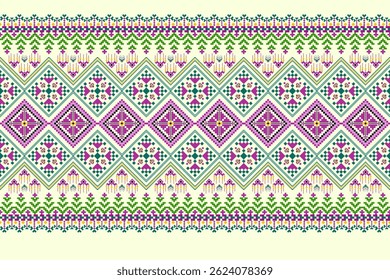 Padrões árabes pixelados geométricos no tecido refletem o ornamentado e etnia, grade floral, grade colorido, fundos, design de grade sem costura para tapete, têxtil, texturizado, papel de parede, imprimir, decorar
