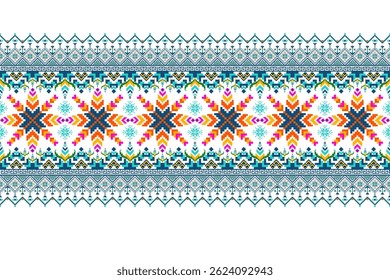 Padrões árabes pixelados geométricos no tecido refletem o ornamentado e etnia, grade floral, grade colorido, fundos, design de grade sem costura para tapete, têxtil, texturizado, papel de parede, imprimir, decorar