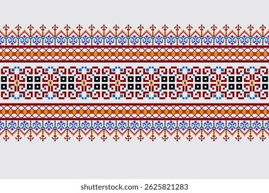 Padrões árabes pixelados geométricos no tecido refletem o ornamentado e etnia, grade floral, grade colorido, fundos, design de grade sem costura para tapete, têxtil, texturizado, papel de parede, imprimir, decorar