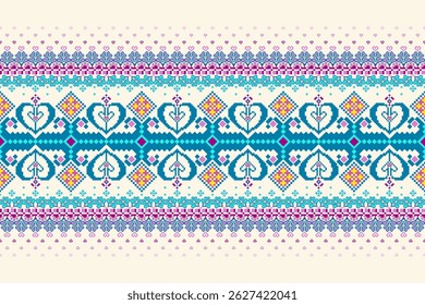 Padrões árabes pixelados geométricos no tecido refletem o ornamentado e etnia, grade floral, grade colorido, fundos, design de grade sem costura para tapete, têxtil, texturizado, papel de parede, imprimir, decorar