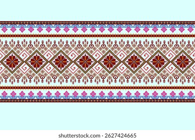 Padrões árabes pixelados geométricos no tecido refletem o ornamentado e etnia, grade floral, grade colorido, fundos, design de grade sem costura para tapete, têxtil, texturizado, papel de parede, imprimir, decorar