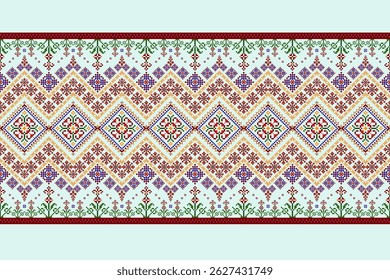Padrões árabes pixelados geométricos no tecido refletem o ornamentado e etnia, grade floral, grade colorido, fundos, design de grade sem costura para tapete, têxtil, texturizado, papel de parede, imprimir, decorar