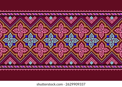 Padrões árabes pixelados geométricos no tecido refletem o ornamentado e etnia, grade floral, grade colorido, fundos, design de grade sem costura para tapete, têxtil, texturizado, papel de parede, imprimir, decorar