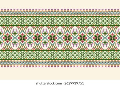 Padrões árabes pixelados geométricos no tecido refletem o ornamentado e etnia, grade floral, grade colorido, fundos, design de grade sem costura para tapete, têxtil, texturizado, papel de parede, imprimir, decorar