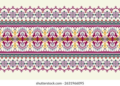 Padrões árabes pixelados geométricos no tecido refletem o ornamentado e etnia, grade floral, grade colorido, fundos, design de grade sem costura para tapete, têxtil, texturizado, papel de parede, imprimir, decorar