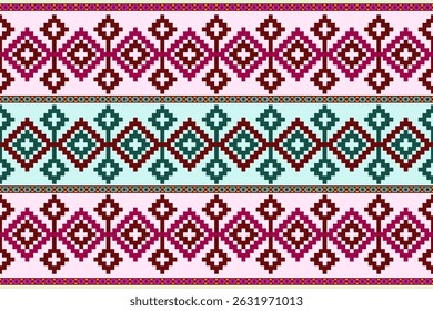 Padrões árabes pixelados geométricos no tecido refletem o ornamentado e etnia, grade floral, grade colorido, fundos, design de grade sem costura para tapete, têxtil, texturizado, papel de parede, imprimir, decorar