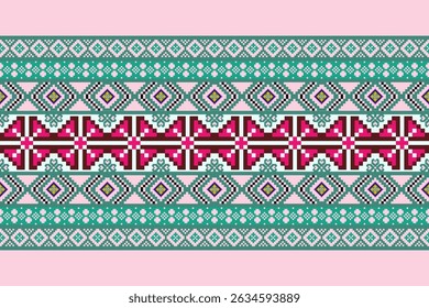Padrões árabes pixelados geométricos no tecido refletem o ornamentado e etnia, grade floral, grade colorido, fundos, design de grade sem costura para tapete, têxtil, texturizado, papel de parede, imprimir, decorar