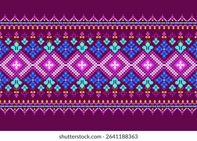 Geometric pixelated Arabic patterns on the fabric reflect the ornate and ethnicity,grid floral,grid colourful, backgrounds, seamless grid design for carpet,textile,textured,wallpaper,print,decorate