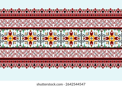 Padrões árabes pixelados geométricos no tecido refletem o ornamentado e etnia, grade floral, grade colorido, fundos, design de grade sem costura para tapete, têxtil, texturizado, papel de parede, imprimir, decorar