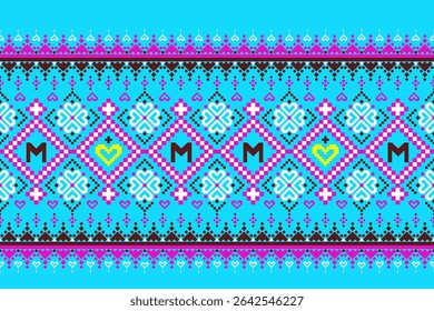 Padrões árabes pixelados geométricos no tecido refletem o ornamentado e etnia, grade floral, grade colorido, fundos, design de grade sem costura para tapete, têxtil, texturizado, papel de parede, imprimir, decorar