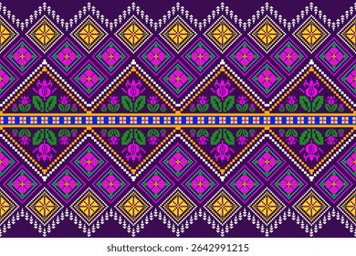 Padrões árabes pixelados geométricos no tecido refletem o ornamentado e etnia, grade floral, grade colorido, fundos, design de grade sem costura para tapete, têxtil, texturizado, papel de parede, imprimir, decorar
